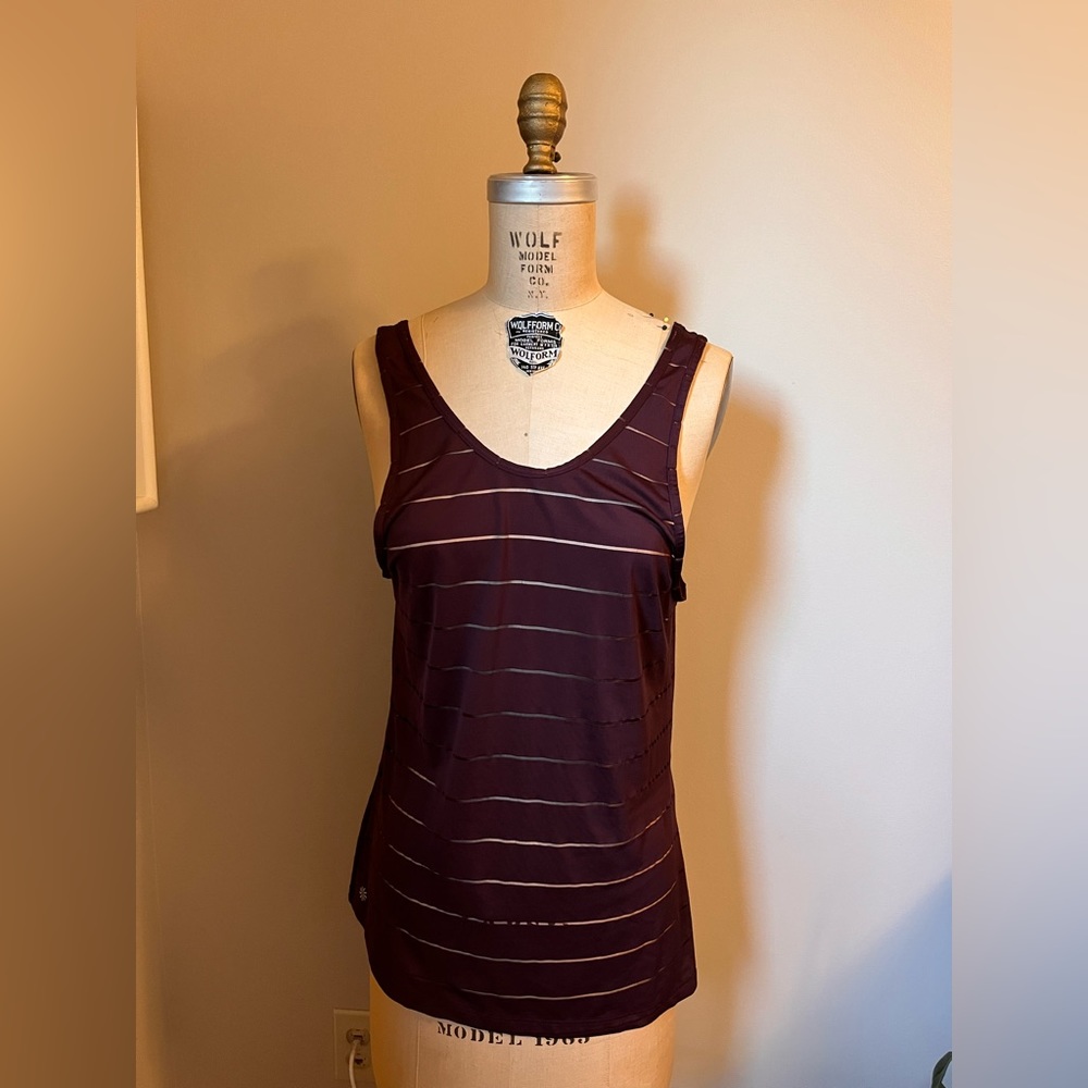 Athleta S Coastal Dunes Plum Purple Low Back Sheer Striped Athletic Tank